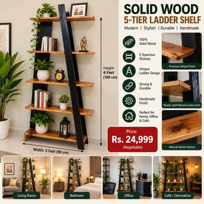 Handmade Solid Wood 5 Tier Ladder Shelf / Bookshelf / Display Rack