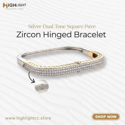 Silver Dual-Tone Square Pavé Zircon Hinged Bracelet