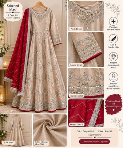 Beige raw silk makxi with red dupatta