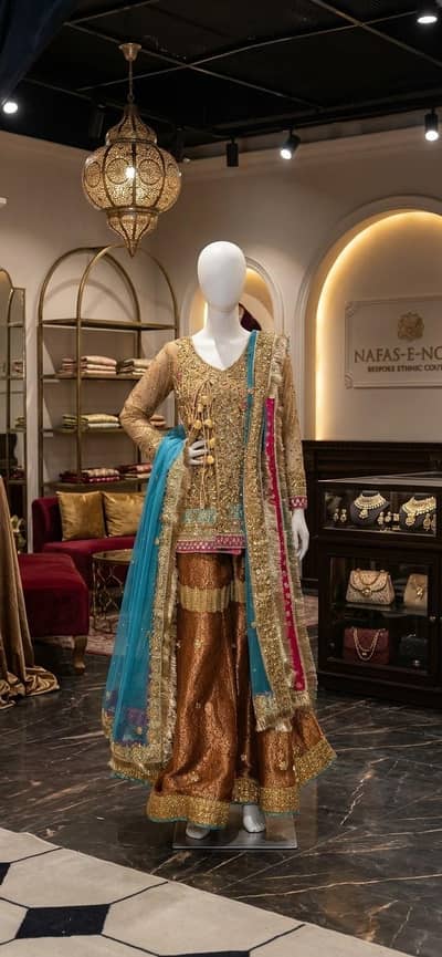 gold shirt and gharara with net dupata