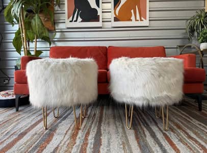 Radovre Round White Faux Fur Brass Hairpin Ottoman Stool (Pair of 2)