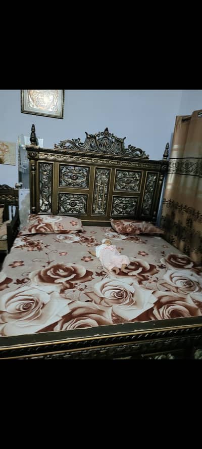 Wooden Double Bed with Carved Headboard