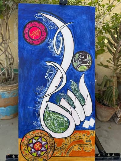 acrylic canvas work handmade with wooden frame and glass protection