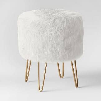 Radovre Round White Faux Fur Brass Hairpin Ottoman (Imported from USA)