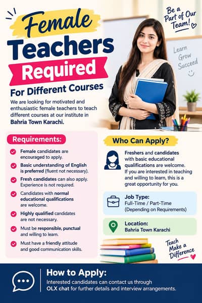 Female Staff & Teachers Required in Bahria Town Karachi