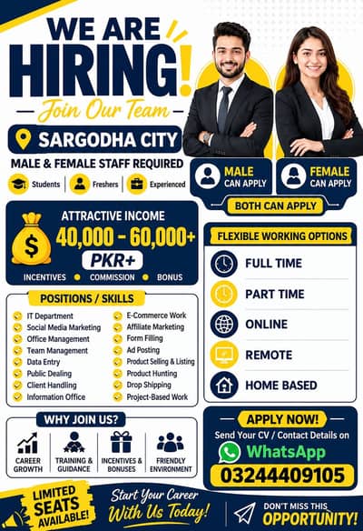 We Are Hiring in Sargodha | Male & Female Staff Required