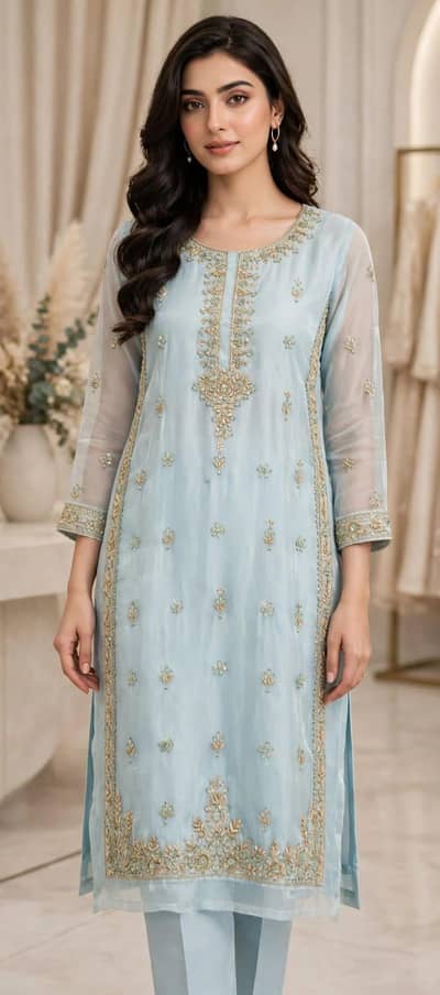 4 piece glass silk with hand embroidery work (kora with moti)
