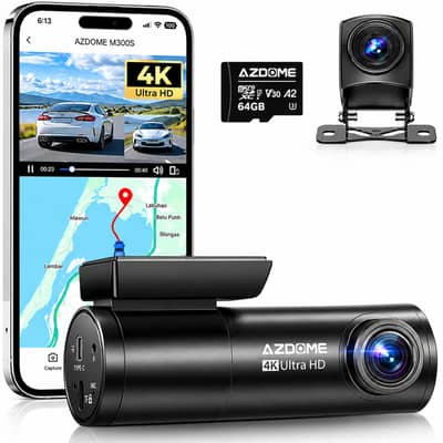 AZDOME M300S 4K Ultra HD Dual Dash Cam Front and Rear, 64GB Memory Ca