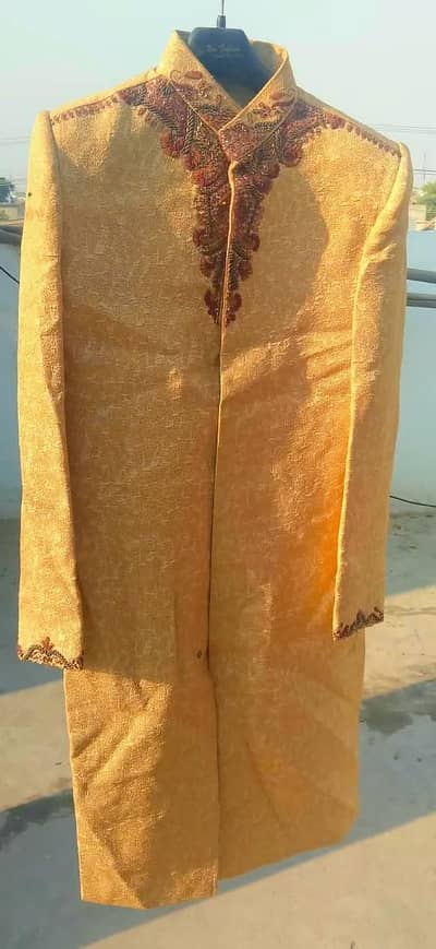 Golden jamawar Sherwani for Groom - Heavy Embroidered Neckline