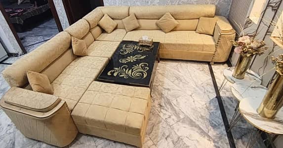 L-Shape 7-Seater Sofa Set with + Puffy + Center Table