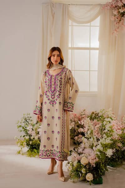 3-Piece Women's Stitched Linen Embroidered Suit | Beige Embroidered