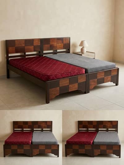 Pair of Two-Tone Wooden Single Beds (Set of 2) – Used Condition