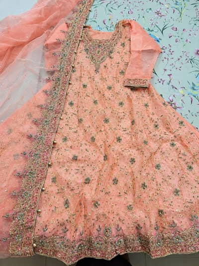 Beautiful Peach Pink Embroidered Party Wear Maxi with Dupatta