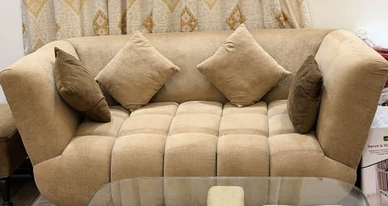 Modern Beige Sofa Set with Glass Center Table