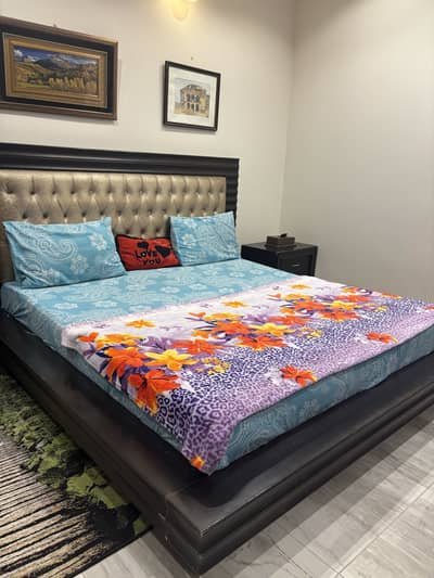 Elegant Wooden Double Bed with Golden Headboard & 2 Side Tables