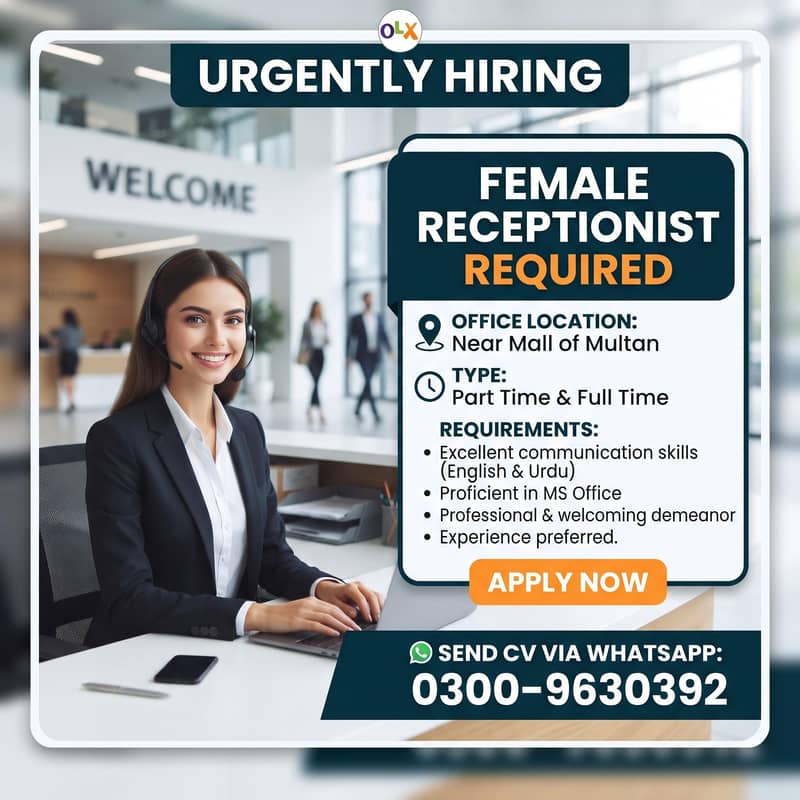 Job for Females Receptionist - Part Time Jobs - 1120880469