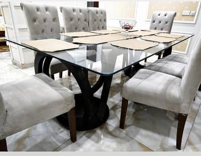 Antique Modern 8 seater dining table with Glass top