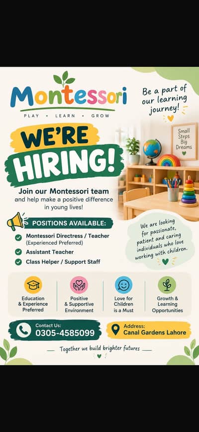 montessori school hiring teachers and class helpers