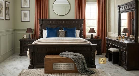 The chinioti FusionHand-carved king bed set in darkbrown walnut finish