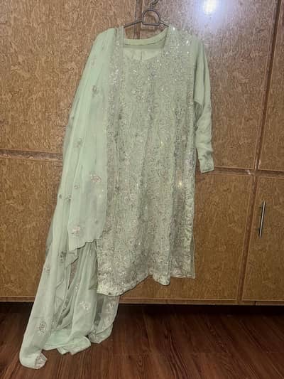 beautiful pista colour beautiful work three piece stich suit.