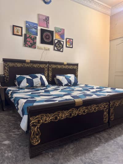 Elegant Wooden Single Beds with Golden Carving
