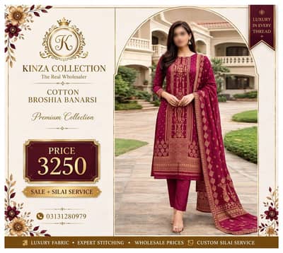 Kinza Collection Cotton Broshia Banarsi 3Pc Suit
