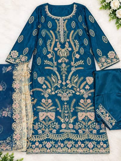 Beautiful Teal Blue Fancy Embroidered Women's Suit