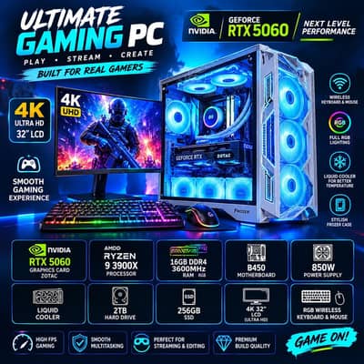 Gaming PC Ryzen 9 3900X RTX 5060 16GB RGB RAM+4K 32 Inch LCD