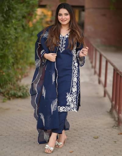 Blue organza 3-Piece suit with white embroidery