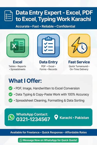 Data Entry Expert - Excel, PDF to Excel, Typing Work Karachi