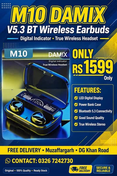 M10 Damix TWS Wireless Earbuds V5.3 - LED Display - Power Bank