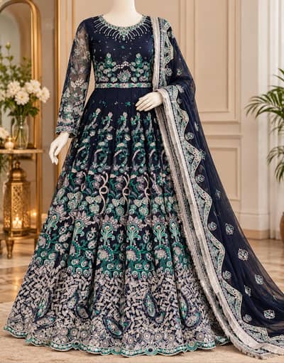 Wedding wear blue embroidered maxi/ walima wear/ party wear