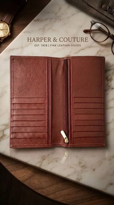 Long Bifold Leather Wallet – Multiple Card Slots with Zip Coin Pocket