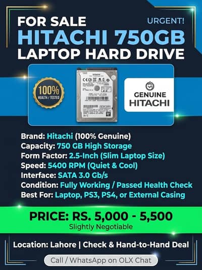 Original Hitachi 750GB Laptop Hard Drive 2.5" SATA - 100% Working