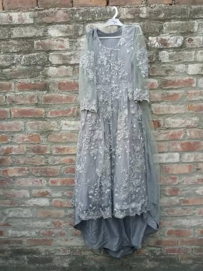 Elegant grey silver embroidered maxi dress with sheer net sleeves