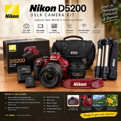 Nikon D5200 with Extra Lens and accessories