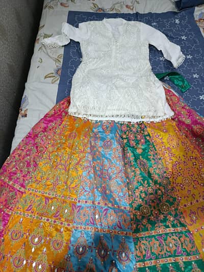 White Embroidered Shirt with Multicolor Lehenga – Wedding & Party Wear