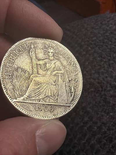 FRANCE 1908 SITTING LIBERTY DOLLAR, OLD & RARE COIN, ANTIQ FRENCH COIN