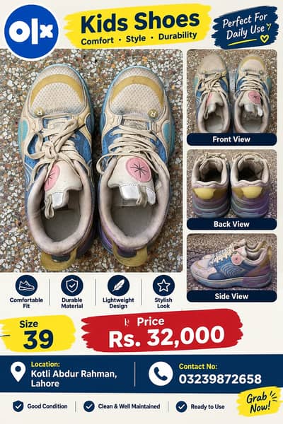 Title: Stylish Kids Sneakers Shoes – Size 39 | Comfortable & Durable