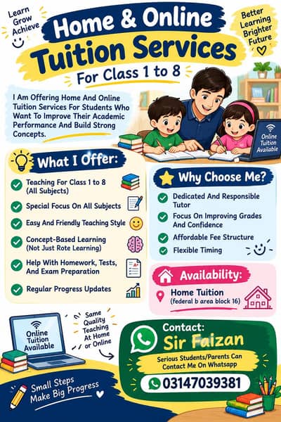 Home and online Tution available Class 1 to 8 All subjects Sir Faizan