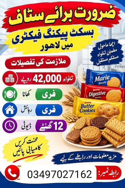 Need urgent staff biscuits packing factory in Lahore