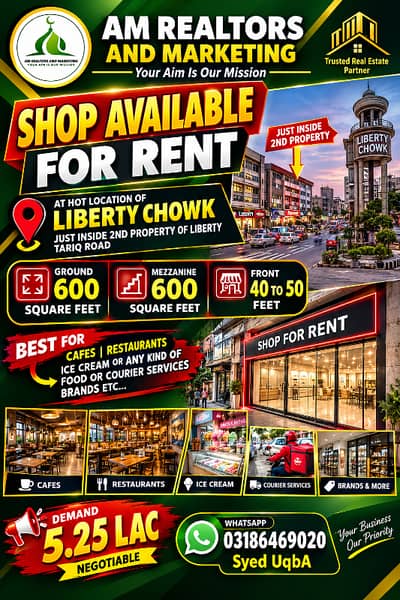 For Rent Shop available for Rent at hot location of liberty chowk just inside 2nd property of liberty Tariq road Visibility from Main road best for cafes restaurants