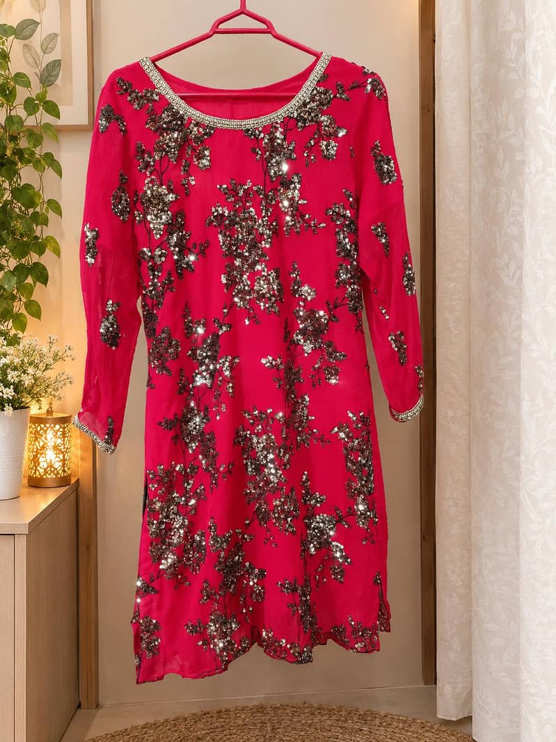 Red Embroidery Shirt with Gharara pant and Dupatta - Eastern - 1120899253