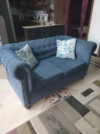 Chesterfield Sofa Set (2+1+1) – Blue Velvet, Good Condition