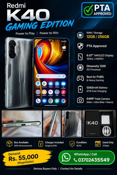 Redmi k40 gaming 90 FPS pubg with box charger sealed