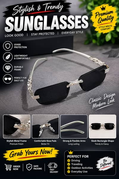 Stylish Black Rimless Sunglasses for Men | Silver Metal Frame