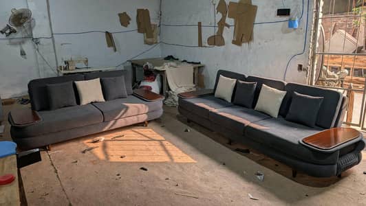 Premium Quality Modern Sofa Set (3+2) – Soft Fabric + Wooden Arms