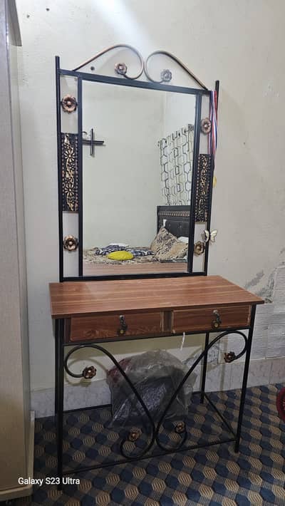 used metal-frame dressing table with a large mirror and two drawers