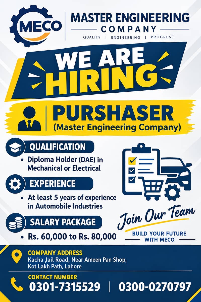 Purchaser Required – Master Engineering Company (MECO), Lahore 0