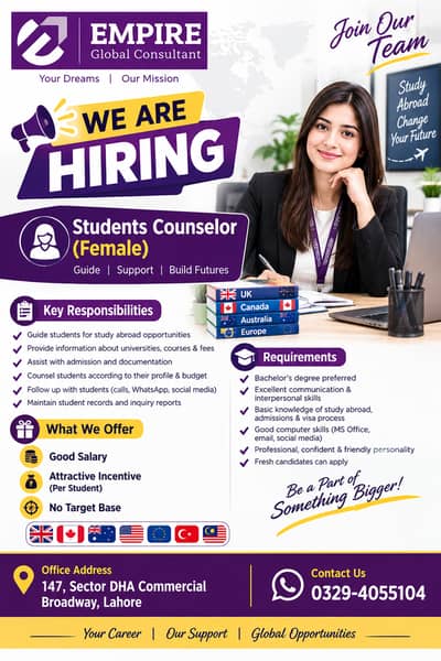 Female Student Counselor Required in Lahore | Study Abroad Consultancy